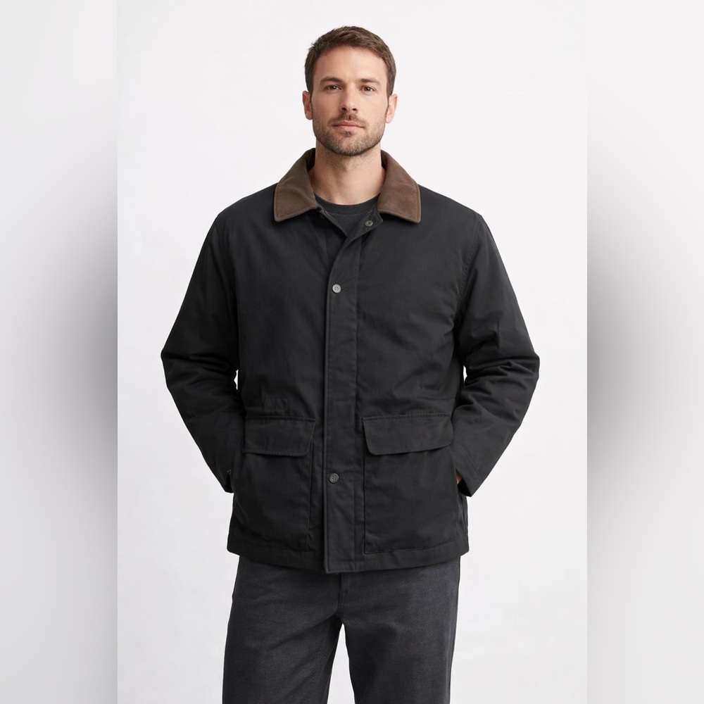Dockers Men’s Barn Jacket Large Black Field Coat Leather Collar Lined